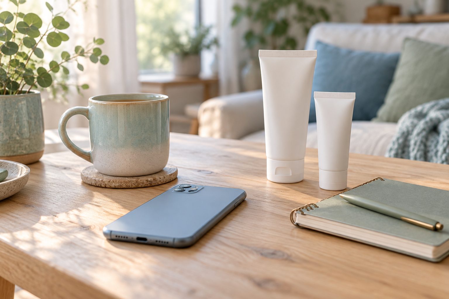 A smartphone, a notebook and a cup of coffee on a wooden table beside two white skincare tubes